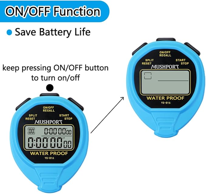 Waterproof Stopwatch Timer 30 Laps/Splits Only Stopwatch Mode, ON/Off Silent Memory Recall Large Display Simple Operation, Digital Stop Watch for Sports Coaches, Blue