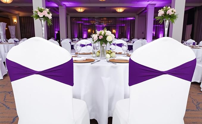 MDS Pack of 25 Spandex Chair Sashes Bows Elastic Stretch Dining Chair Bands Ties Without Slider Buckle Universal fits for Wedding Baby Shower Birthday Party Banquet Event Decoration - Purple