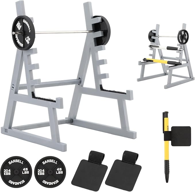 Squat Rack Pen Holder, Mini Barbell Rack Pen Holder Desktop Squat Racks Pens Holder with Weights & Barbells, for Office Gym Decorations, Gift for Fitness Weightlifting Lovers(COLOR:Grey)