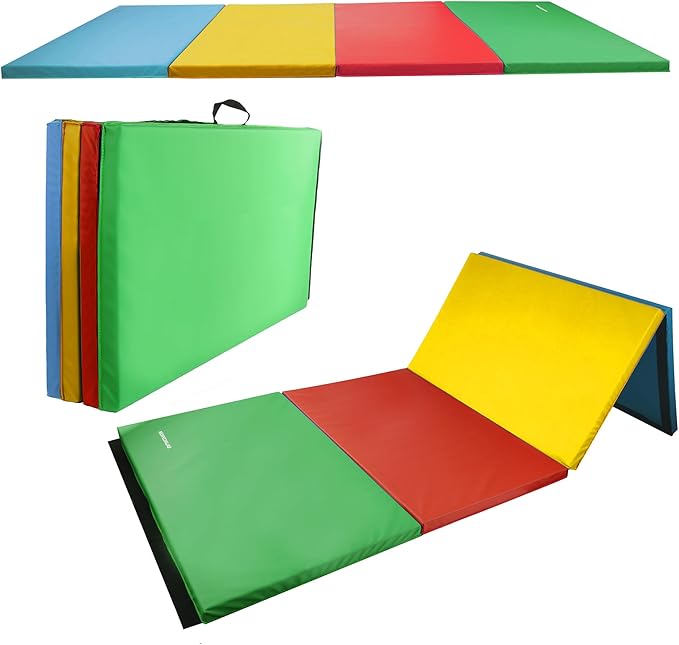 Fitvids Folding Exercise Gymnastics Mat 4'x8'x2" Gym Workout Mat with Carrying Handles High-Density Portable Fitness Aerobics Mats for Home Gym Yoga Pilates Tumbling MMA Core Training, Multiple Colors