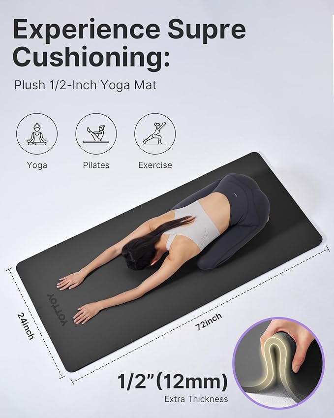 YOTTOY Yoga Mat，Extra Thick Yoga Mat (1/2inch),Professional TPE Exercise Mat,Non-Slip Workout Mat for Yoga, Pilates, Fitness, Barefoot Workouts, Home Gym Studio with Strap