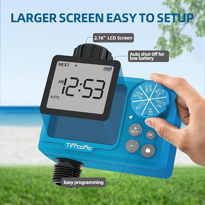 TiFFCOFiO Sprinkler Timer Outdoor, Digital Pogrammable for Garden Hose, Irrigrtion Timer with Rain Delay and Manual Mode (2 Packs)