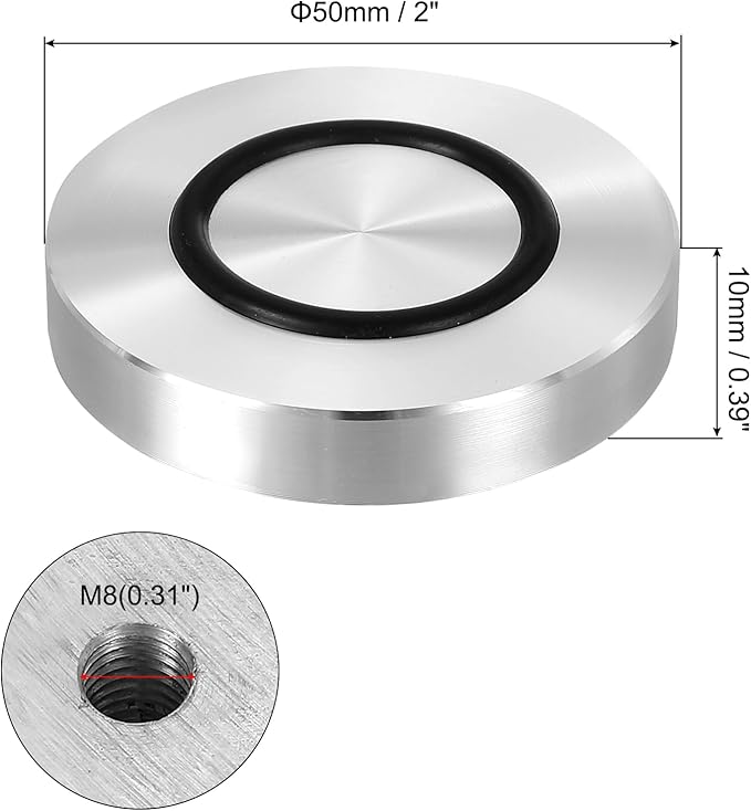 uxcell M8 Thread 50mm / 2" Dia 10mm Thick Aluminum Circle Disc Glass Top Adapter 4pcs Round Solid Table Feet Pad Plate Hardware with Anti-Slip Rubber Ring