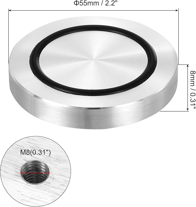 uxcell M8 Thread 55mm / 2.2" Dia 8mm Thick Aluminum Circle Disc Glass Top Adapter 4pcs Round Solid Table Feet Pad Plate Hardware with Anti-Slip Rubber Ring