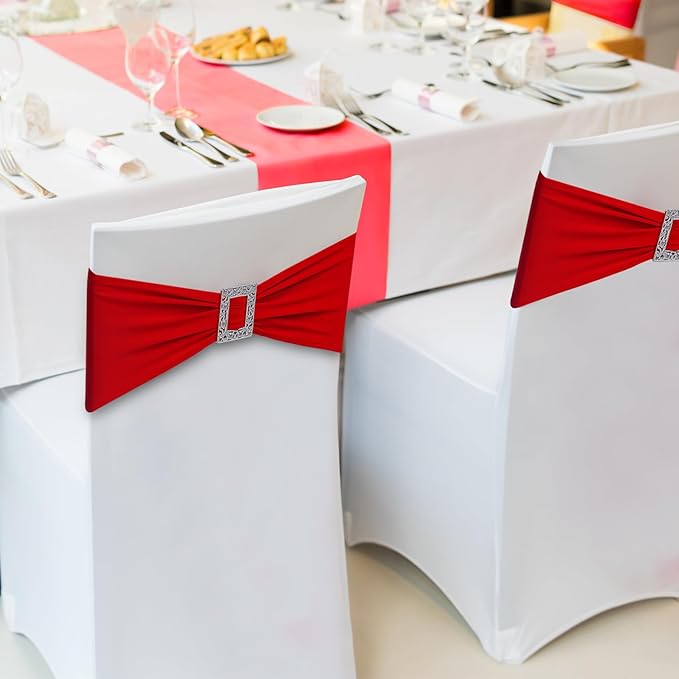 Joccun 30 PCS Spandex Chair Sashes Bows Stretch Chair Cover Band with Buckle Slider Universal Elastic Chair Ties for Wedding Banquet Party Event Decoration (Ruby)