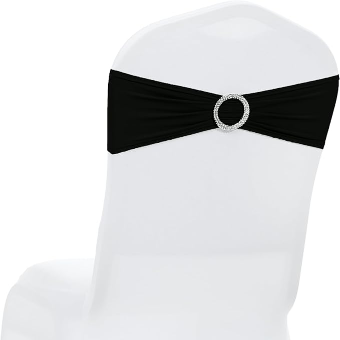 MDS Pack of 200 Spandex Chair Sashes Bows Universal fits Elastic Stretch Chair Bands Ties with Buckle Slider Bow for Wedding Decoration Spandex Slider Sashes Bow - Black