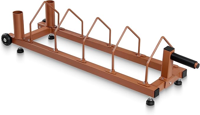 Olympic Barbell Plate Organizer with Steel Frame for home or gym,Horizontal Plate with Handle and Wheels, 300LBS Capacity, Brown
