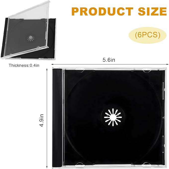 6 PCS Standard Single Clear CD Jewel Case, 10 mm CD Storage Case Disc Collection Organizer with Assembled Tray, Single Disc Protective Covers Plastic Replacement Box (Black)