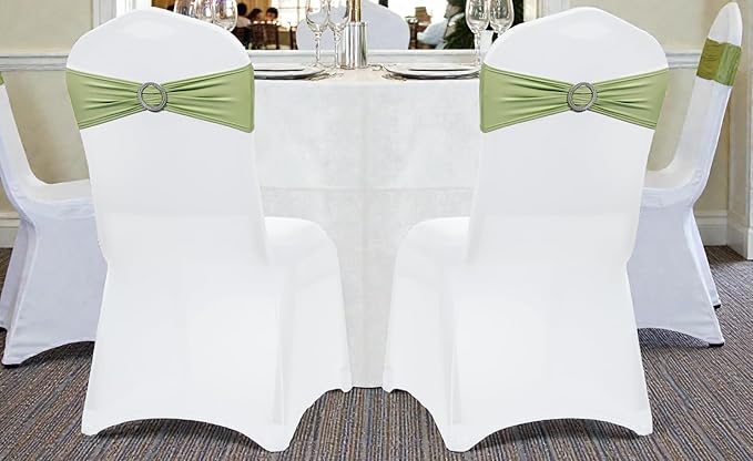 MDS Pack of 50 Spandex Chair Sashes Bow Premium Stretch Chair Cover Band with Buckle Slider Universal fits Elastic Dining Chair Ties for Wedding Party Banquet Events Decoration - Sage Green