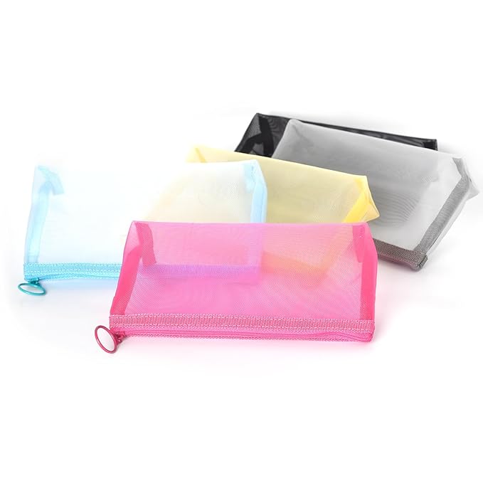 Patu Zipper Mesh Bags, Widened Long Case, 5 Pieces, Beauty Makeup Cosmetic Accessories Organizer, Travel Toiletry Kit Set Storage Pouch, Assorted Colors
