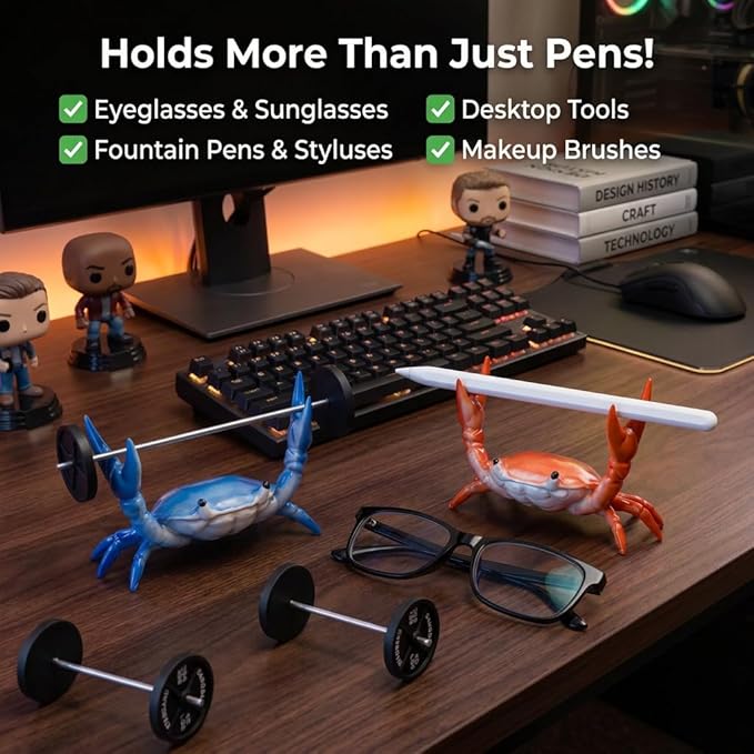 2 Pack Desk Crab Pen Holder with 2 Mini Barbells, Upgraded Sturdy Weightlifting Crab Pencil Stand, Funny Cute Desk Decor & Workspace Organizer Accessories, Novelty Gifts for Coworkers, Red and Blue