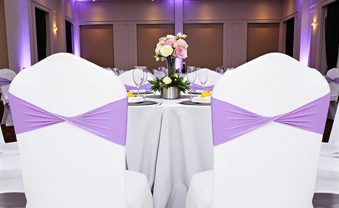MDS Pack of 100 Spandex Chair Sashes Bows Elastic Stretch Dining Chair Bands Ties Without Slider Buckle Universal fits for Wedding Baby Shower Birthday Party Banquet Event Decoration - Lavender