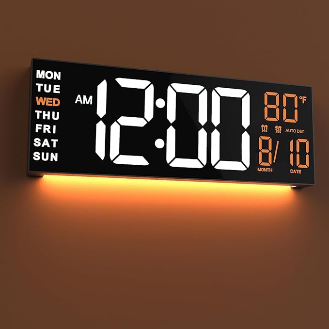 JALL 16" Large Digital Wall Mount Clock, Count Down Timer, Alarm, Big LED, RGB Color, DST, Temperature for Living Room Classroom Desk, Xmas, Birthday Gift Digital Wall Clock for Senior (White Orange)