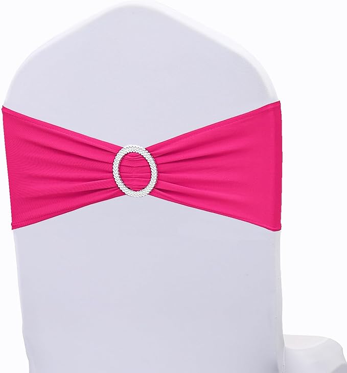 Hot Pink Chair Sashes Bows - 50PCS Stretch Spandex Chair Sashes Bands with Buckles Slider Universal Elastic Chair Ties for Wedding Party Banquet Baby Shower Events Decoration