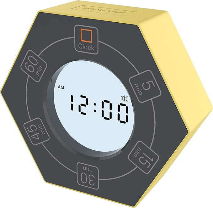 Home & Office Timer with Clock, 5, 10, 15, 20, 30 Minute Preset Countdown Timer, Easy-to-Use Time Management Tool (Yellow)