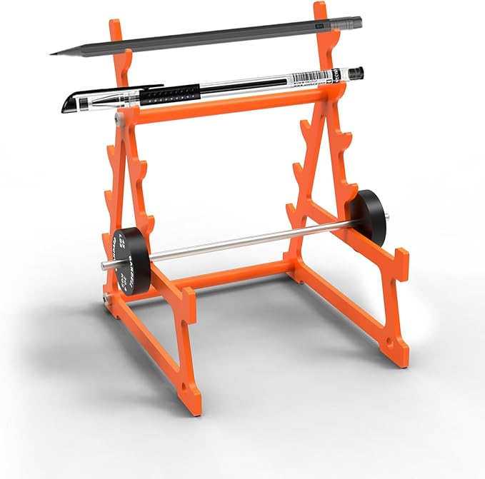 K KiNGKANG Squat Rack Pen Holder,Steel Barbell Rack Pen Holder Accessories With Mini Barbell for All Fitness Enthusiasts and Weightlifting Fans,Funny Gym Gifts（Orange）