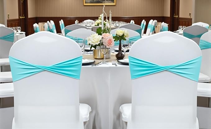 MDS Pack of 75 Spandex Chair Sashes Bows Elastic Stretch Dining Chair Bands Ties Without Slider Buckle Universal fits for Wedding Baby Shower Birthday Party Banquet Event Decoration - Aqua Blue
