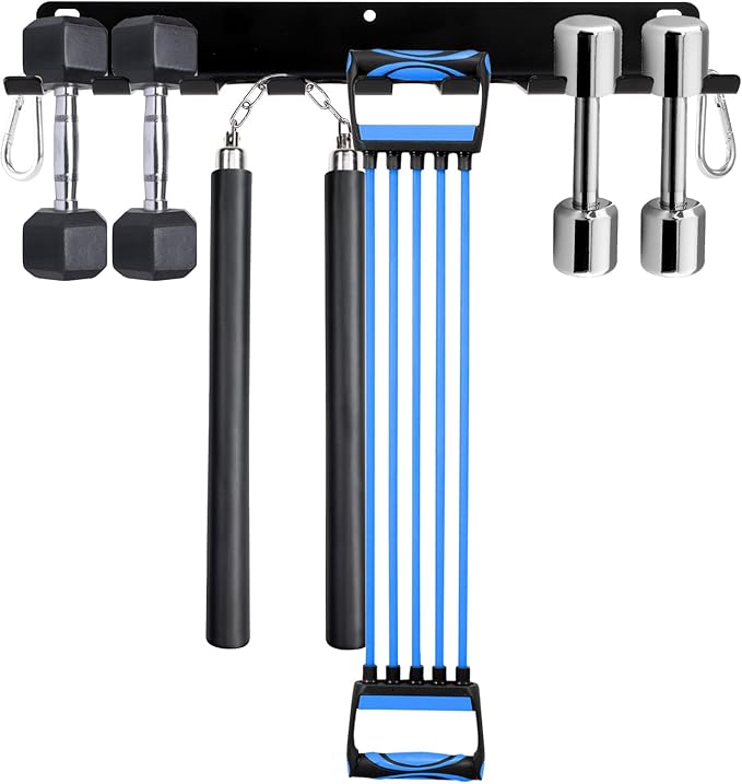 Tebery 9 Hook Home Gym Storage Rack Wall Mount, Fitness Equipment Organizer, Metal Gym Accessory Hanger for Exercise Bands, Jump Ropes, Barbells, Lifting Belts