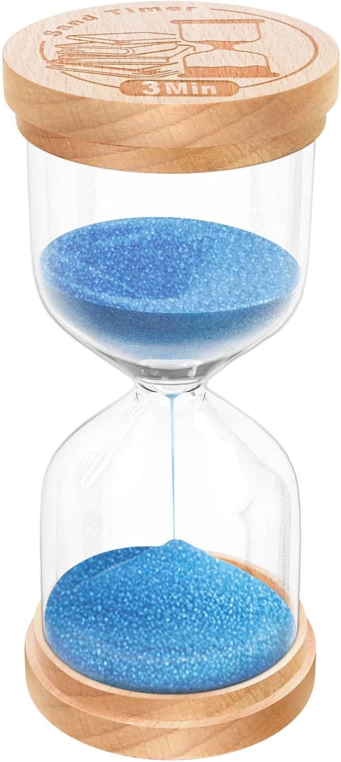 3 Minute Sand Timer, Wooden Hourglass Sand Clock, Small Wood Blue 3 Min Hour Glass, Three Minutes Sandglass for Brushing Teeth, Reloj De Arena, Classroom, Game, Kitchen, Home, Office