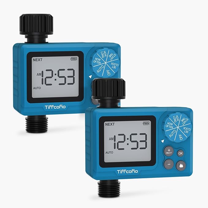 TiFFCOFiO Sprinkler Timer Outdoor, Digital Pogrammable for Garden Hose, Irrigrtion Timer with Rain Delay and Manual Mode (2 Packs)
