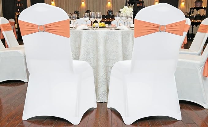 MDS Pack of 10 Spandex Chair Sashes Bow Premium Stretch Chair Cover Band with Buckle Slider Universal fits Elastic Dining Chair Ties for Wedding Party Banquet Events Decoration - Peach