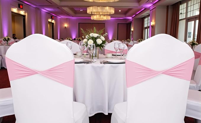 MDS Pack of 200 Spandex Chair Sashes Bows Elastic Stretch Dining Chair Bands Ties Without Slider Buckle Universal fits for Wedding Baby Shower Birthday Party Banquet Event Decoration - Pink