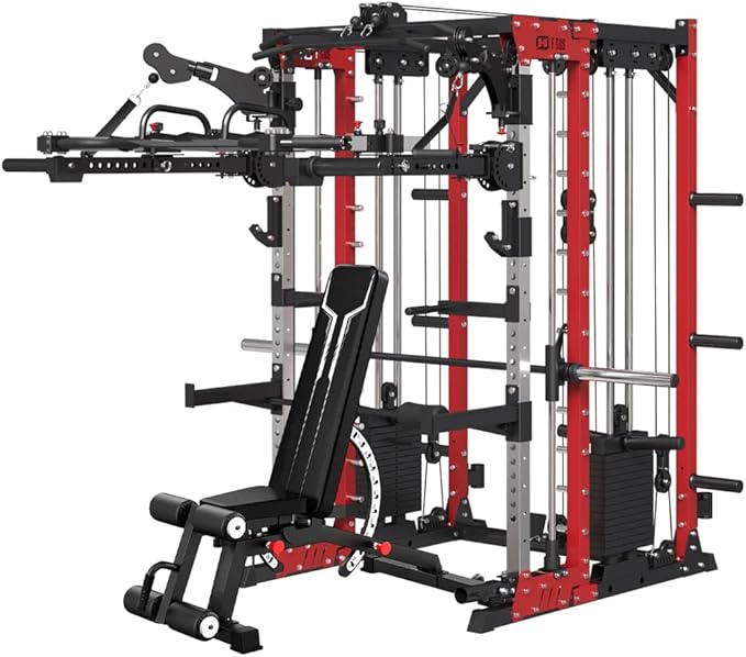 Commercial Smithe Machine with Dual Weight Stacks, Power Cage Squat Rack with Lever Arm & Leg Press Attachment, Multi-Function Linear Bearing Cable Crossover Machine for Home Gym