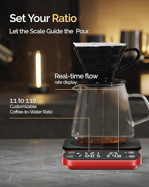 Maestri House S3 Coffee Scale with Timer, 3kg/0.1g Rechargeable Digital Scale, 3 Brew Modes, Adjustable Ratios & Flow Rate Display, Barista-Grade for Pour-Over, Espresso, French Press – Red