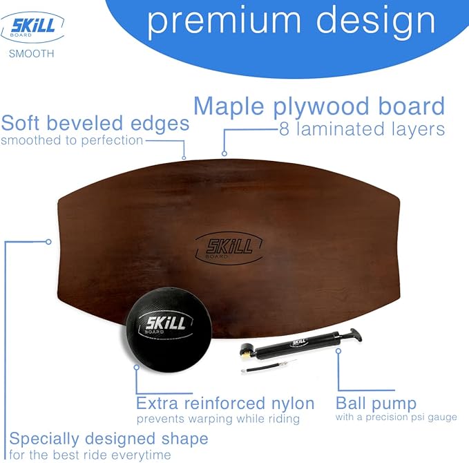 The Skill Board - Wooden Balance Board for Adults - Wobble Board for All Sports, Gym, Standing Desk, or Yard Games - Balance Trainer, Fitness Ball, Ball Pump, Grip Tape