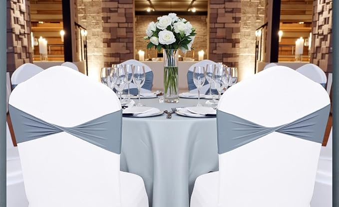 MDS Pack of 75 Spandex Chair Sashes Bows Elastic Stretch Dining Chair Bands Ties Without Slider Buckle Universal fits for Wedding Baby Shower Birthday Party Banquet Event Decoration - Dusty Blue