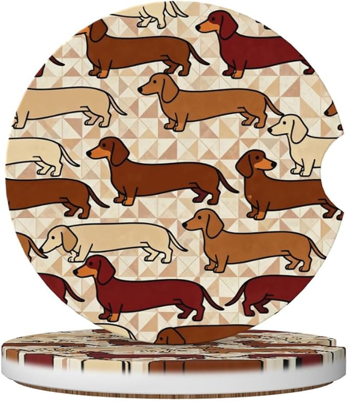 Car Cup Holder Coasters, 2 Pcs Ceramic Coasters with Finger Slot and Cork Back, Anti-Slip Shock Absorbing Women and Men Universal Car Accessories - Retro Wiener Dog