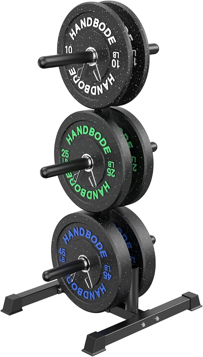 HANDBODE Weight Plate Rack with Barbell Storage, 6-Peg Vertical Holder for 1 or 2-Inch Plates, Heavy Duty 1100 lbs Capacity for Home Gym Organization