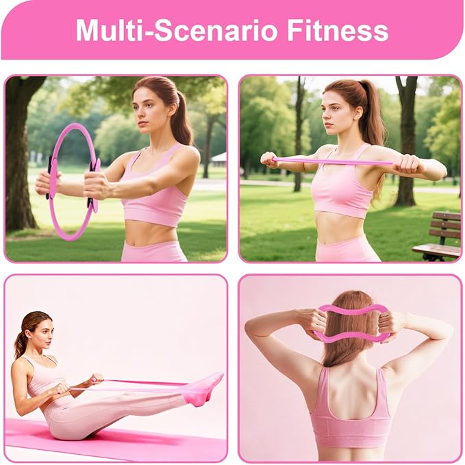 Home Pilates Kit for Women, Workout Set with 12.9" Ring, 9.8" Mini Ball, 4 Fabric Bands, Figure-8 Band, Stretch Band, D-Ring Strap, Cordless Jump Rope, Socks, Carry Bag