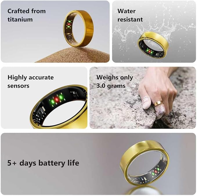 Titanium Smart Ring, Sleep & Activity Tracking Ring with Heart Rate, HRV, Stress Insights, 7-Day Battery Life, No Subscription, IP68 Waterproof, iOS & Android Compatible (Gold, 10)