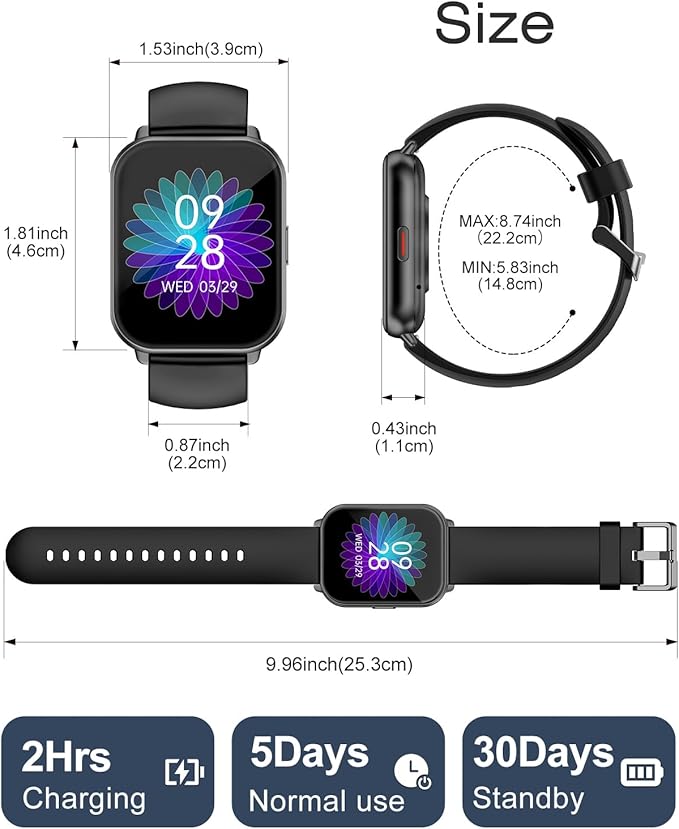 Smart Watches for Women Men (Answer/Make Calls, 3 Bands), 1.85" Fitness Tracker Watch for iPhone/Android Phones with Heart Rate Monitor Sleep/Steps Tracker 100+ Sports Pedometer Waterproof (Black)