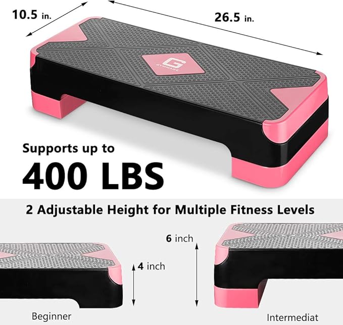 GYMMAGE Adjustable Workout Aerobic Stepper, Aerobic Exercise Step Platform with 2 Risers, Exercise Step Deck for Fitness, 26.5" Trainer Stepper with Non-Slip Surface Home Gym & Extra Risers Options