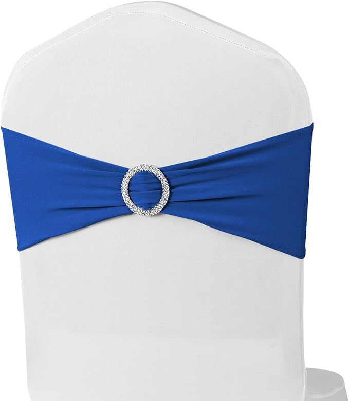 Spandex Royal Blue Chair Sashes 50 Pack, Blue Chair Bands for Wedding Party Graduation Gender Reveal Decor, Blue Chairs Bows Ties