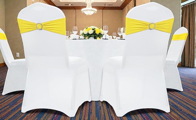MDS Pack of 200 Spandex Chair Sashes Bows Universal fits Elastic Stretch Chair Bands Ties with Buckle Slider Bow for Wedding Decoration Spandex Slider Sashes Bow - Yellow