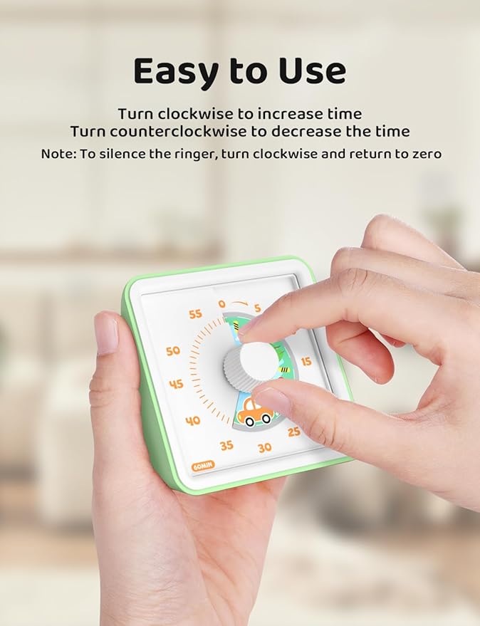 LIORQUE 60 Minute Visual Timer for Kids, Visual Countdown Timer for Classroom Office Kitchen with 'Car' Pattern Design, Pomodoro Timer with Silent Operation (Batteries Included)
