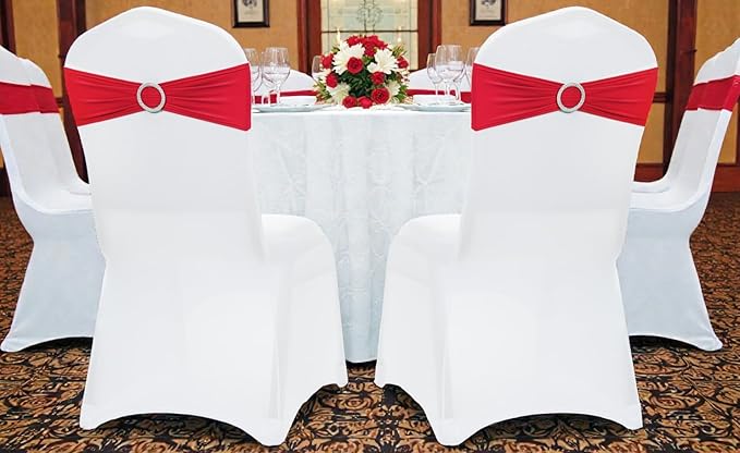 MDS Pack of 200 Spandex Chair Sashes Bows Universal fits Elastic Stretch Chair Bands Ties with Buckle Slider Bow for Wedding Decoration Spandex Slider Sashes Bow - Red