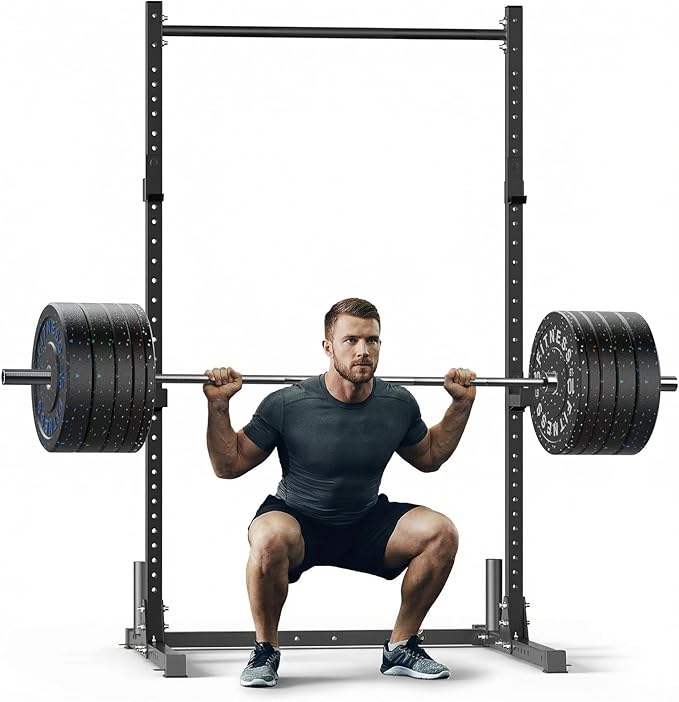 papababe Squat Rack with Pull Up Bar for Home Gym, Adjustable Power Cage with J-Hooks, 800LB Capacity Multi-Functional Bench Press Power Rack for 6FT, 7FT Barbell, Weight Lifting Rack