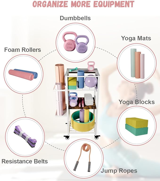 Yoga Mat Storage Rack with Wheels, 3 Tier Home Gym Workout Equipment Organizer for Dumbbells, Kettlebells, Foam Rollers
