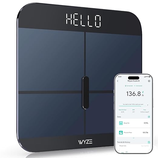 Wyze Smart Scale X - Digital Bathroom Scale for Body Weight, BMI, Body Fat, Muscle Mass, Heart Rate Monitor | Sync with Health Apps | for People, Baby & Pet, 400 lbs (Black)