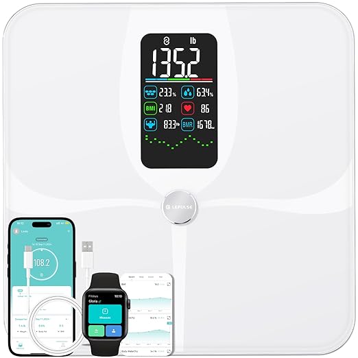 Lepulse Smart Scale for Body Weight with BMI Body Fat Muscle Mass, Weight Scale 4.68" Large Display with Trend, High Accurate 22 Body Composition Scale with Heart Rate, Bathroom Scale with App, White
