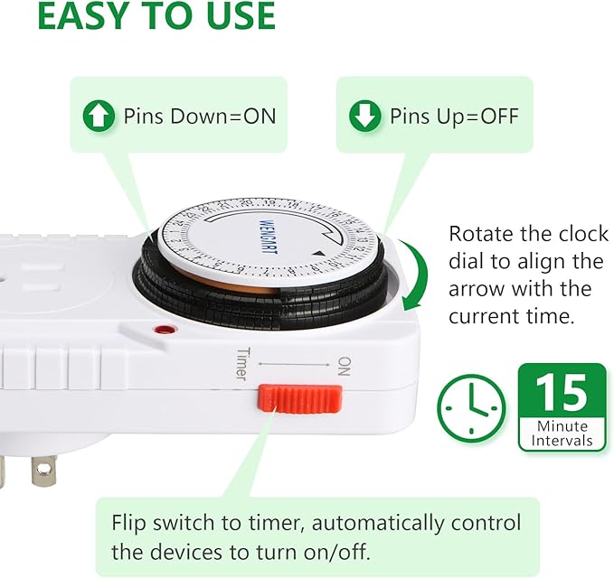 Wengart 24-Hour Mechanical Plug-in Timer, 15A 1HP Heavy Duty Indoor Outlet Timer for Lamps, Christmas Lights & Appliances, Programmable Switch with 15-Min Intervals, ETL Listed, White (1)