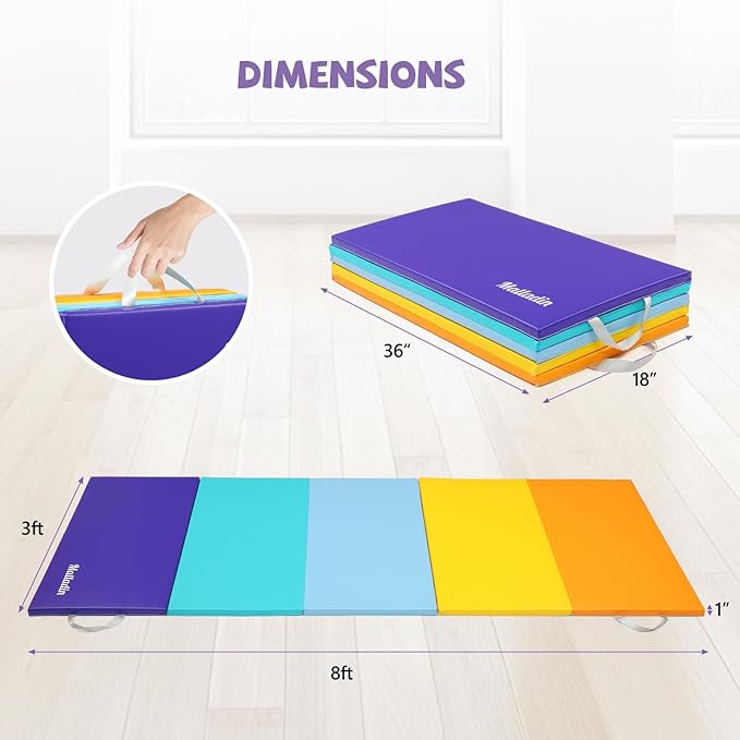 Matladin 8 FT/6FT Folding Gymnastics Gym Exercise Aerobics Mat, PU Leather Tumbling Mats for Stretching Yoga Cheerleading Martial Arts, Play