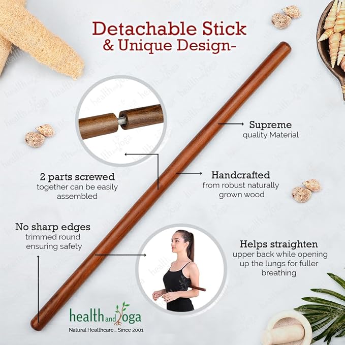 HealthAndYoga™ StretchNHeal Collapsible Multi-Use Wooden Yoga Stick - Regular and XL - Portable Posture Corrector Pole, Stretch Mobility Stick, Physical Workout Exercise Dowel