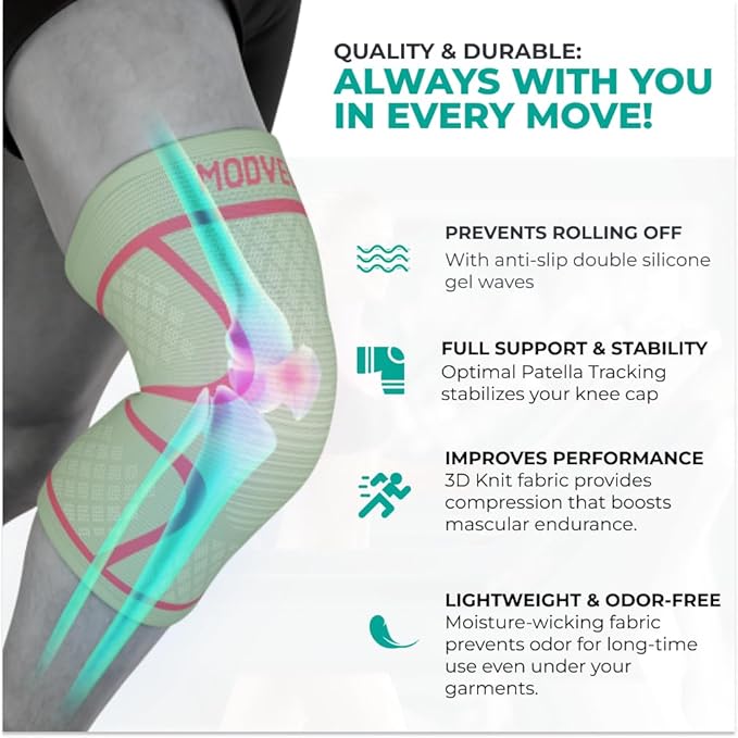 Modvel Knee Braces for Knee Pain Women & Men - 2 Pack Knee Brace for Knee Pain Set, Knee Brace Compression Sleeve, Knee Support for Knee Pain Meniscus Tear, ACL & Arthritis Pain Relief,Cream/Pink XL