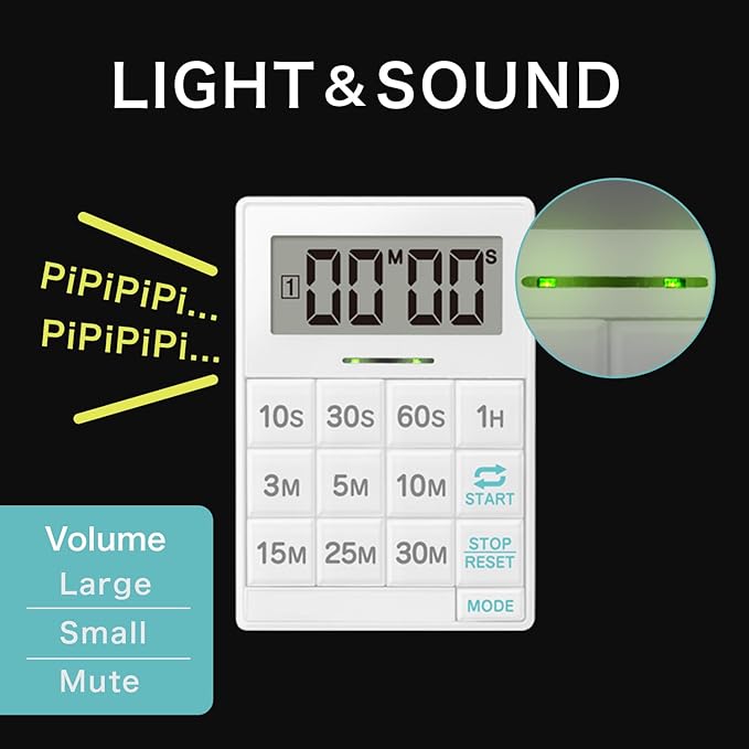 dretec One-Push Timer, Easy to Press Timer, Time-Saving, Interval, Silencing, Kitchen Timer, Digital, Magnet, Stand, Light, Study, Muscle Training, Sports, White