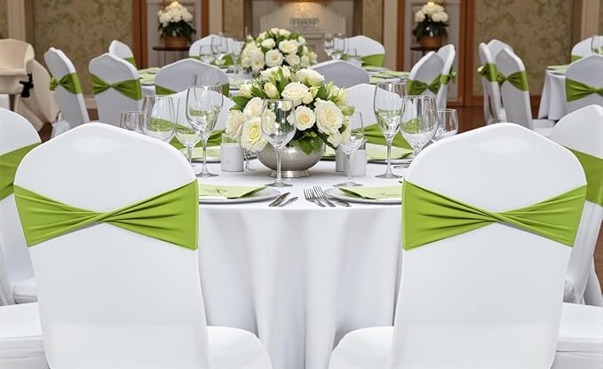 MDS Pack of 100 Spandex Chair Sashes Bows Elastic Stretch Dining Chair Bands Ties Without Slider Buckle Universal fits for Wedding Baby Shower Birthday Party Banquet Event Decoration - Apple Green
